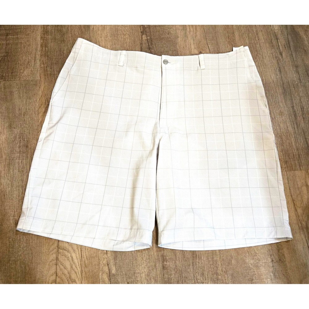 Ben Hogan Golf Shorts Men White Check Stretch Flat Front Button Slash Pockets